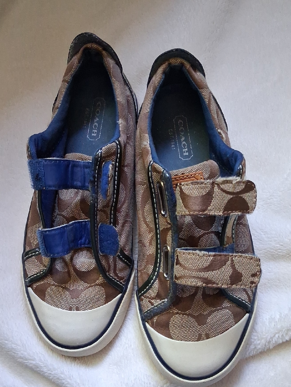 Coach  Brown Signature Canvas Sneakers with Blue Trim